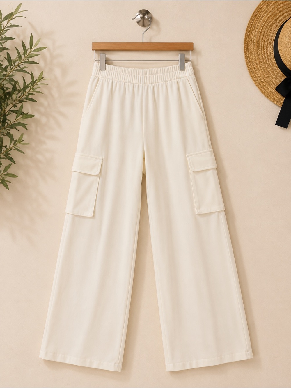 Forever 21 Cream Wide-Leg Cargo Pants